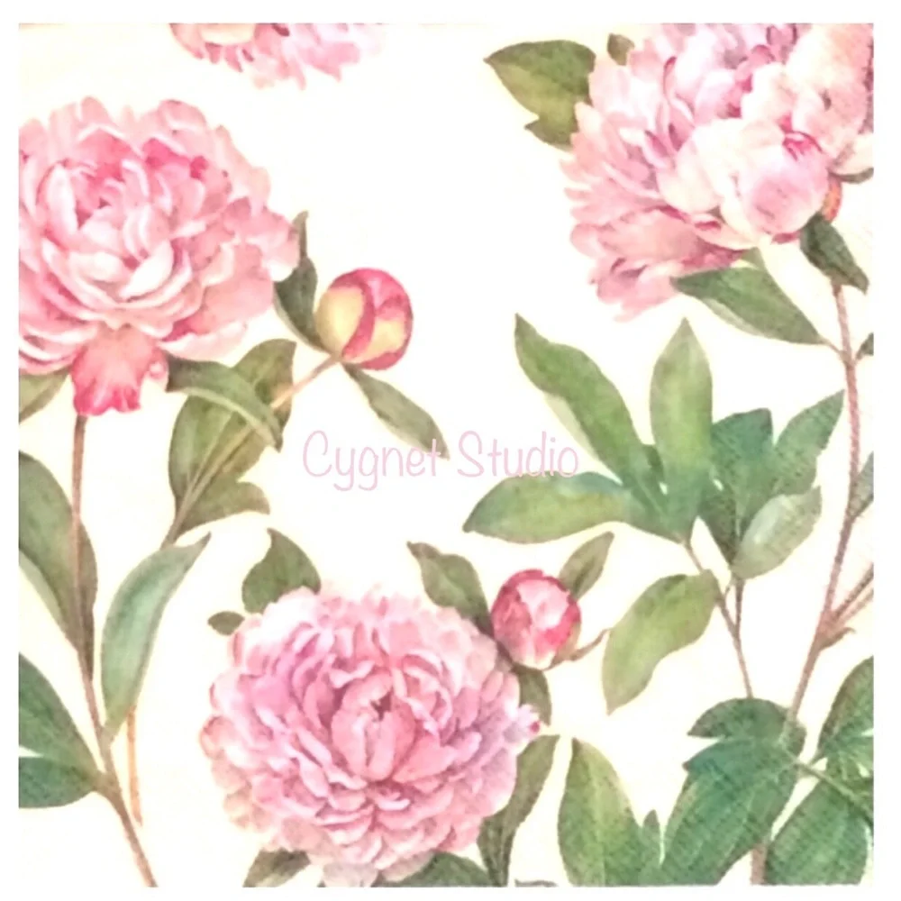 Two (2) INDIVIDUAL Paeonia Peony Paper Decoupage Decorative Cocktail Napkins